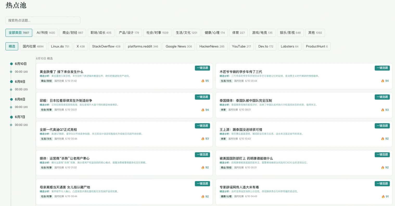 热点池 — 聚合全网信号,一键选题